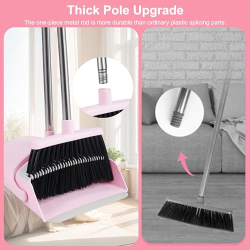 Image of BSKLIN Broom and Dustpan Set for Home, 52 inch Long Handle Standing Broom Set with Dustpan Self-Cleaning Teeth for Hair Removal Heavy Duty Indoor Outdoor Sweeping Kit for Kitchen Garage (Pink)