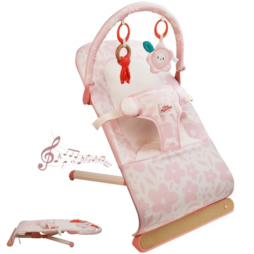 Image of Tiny Marvels Baby Bouncer, 3-Point Harnessbaby Baby Rocking Chair for Newborn Toddler, Baby Bouncers Seat with Sensory Toys and Music, Compact & Portable Baby Bouncer Chair (Pink Floral)