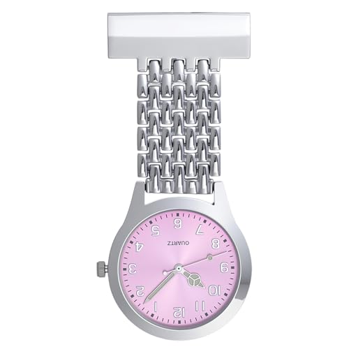 Oupdate Nurses Fob Watch Stainless Steel Quartz Doctor Pocket Watches for Women Men Clip on Watches Glow in Dark Easy to Reader Stylish Nurse Watch Brooch Suitable for Doctor (Pink)
