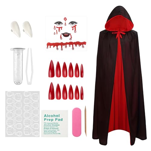 SHOPPGO Capa de Vampiro Set, 140cm Capa Roja Disfraz, capa Halloween Negra y Roja, con Pegatinas Halloween Cara, Colmillos Vampiro Realistas, Uñas Postizas halloween, Crea un Look Clásico de vampiro