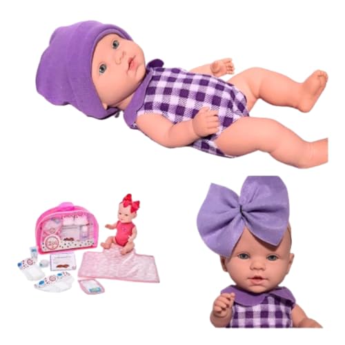 Boneca Bebe reborn pequena articulada vinil lilas + Kit Bolsa Recem Nascido Maternidade Infantil acessórios Certidão pulseira trocador de fraldas Porta lenço umedecido pomada ED1 brinquedo
