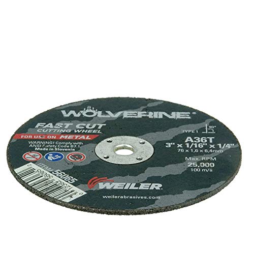 Image of Weiler 56065 3-Inch Cutting Wheel, Wolverine AO Steel /Metal Fast Cut, Value Cutting, 1 /16 inch A36T Type 1 1 /4 inch Arbor (Pack of 100)