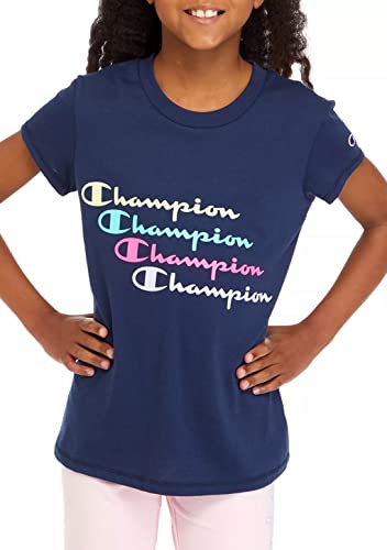 Image of Champion Girls 7-16 Stair Stack Script Short Sleeve Graphic T-Shirt, Navy Multi, Medium
