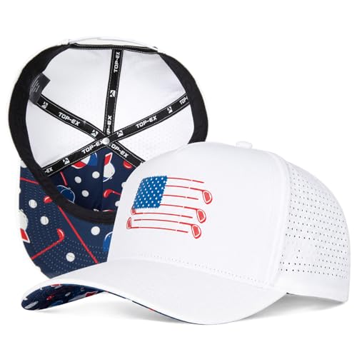 TOP-EX USA Golf Flag Hat for Men Big Heads Water Resistant Large Patriotic Baseball Cap Printed Under Visor with Tee Holder Laser Perforated Golf Trucker Hats Mens Golf Gifts White XL/XXL