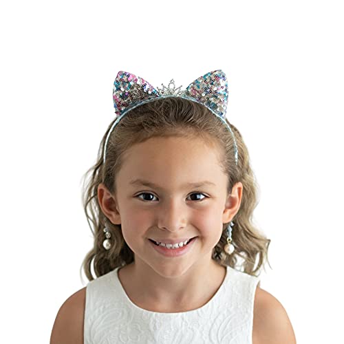 Summer Crystal Cat Kitty Ears Headband, Glitter Reflective Cat Ears, Rhinestone, Lace and Pearl Pendant, Imitation Earri