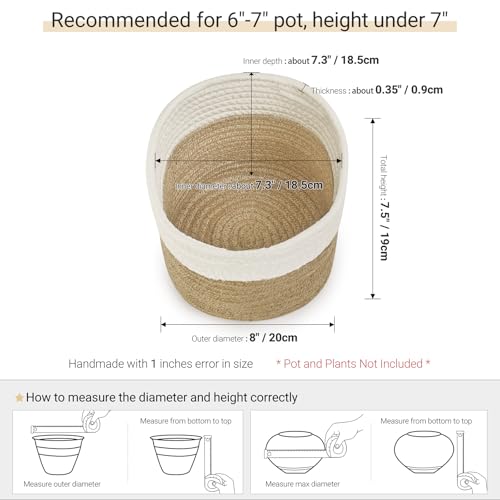 Image of Dahey Small Cotton Rope Plant Basket Woven Plant Coiled Basket for Up to 7 inch Planter, 7.5 inch x 8 inch Decorative Flower Pot Cover Closet Storage Bin Table Desk Organizer for Home Decor, White and Beige