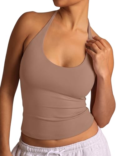 REORIA Women's Halter Backless Scoop Neck 2026 Summer Basic Tank Tops Khaki