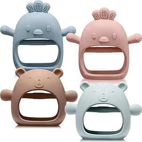 Image of Woanger 4 Pcs Teething Bear Hand Silicone Anti Dropping Wrist Mitten (Blue, Green, Pink, Brown)