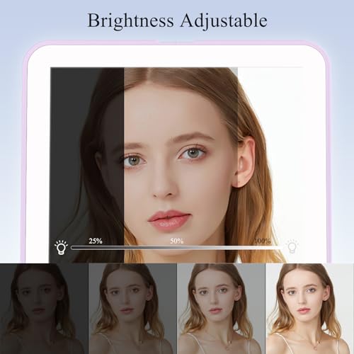 Image of FUNTOUCH Rechargeable Travel Makeup Mirror Lights, Portable 72 Led Lighted Makeup Mirror, 3 Color Lighting, Dimmable Touch Screen, Type C, Tabletop LED Folding Cosmetic Vanity Mirror-Purple