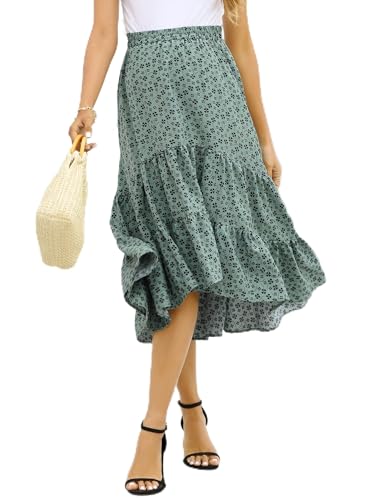 FUNJULY Maternity Dress Women's High Waist Floral Print Pleated Maxi Skirt Casual Flowy Swing A Line Long Skirts GreenBlack XL