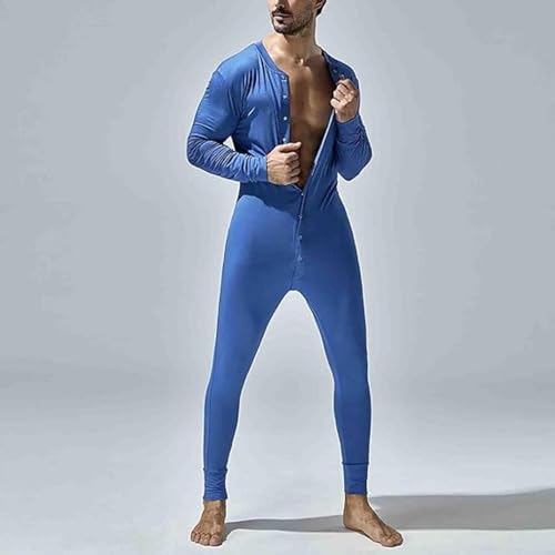 Men's Long Sleeve Pajamas Striped Ultra Soft Thermal Union Suit One Piece Slim Fit Button Down Jumpsuit Sleepwear3