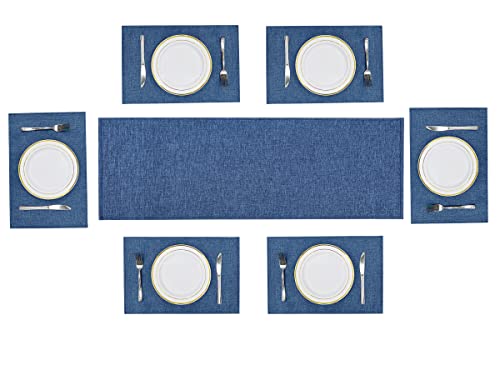 Andstar 6 Pcs Polyester And Pvc Double Sided Placemats With Matching 1 Piece 12X54 Inch Table Runner,Kitchen Heat Resistant Non-Slip Easy To Clean Place Mats And Table Runner(Blue) #TOP7