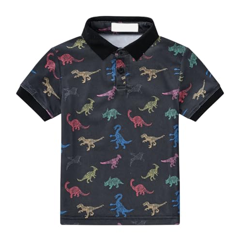 Kids Boys Polo Shirt Breathable Short Sleeve Classic Polos Toddler Tropical Floral Graphic Shirt (Black-4, 3-4 Years)
