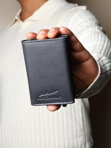 Image of BLACKTHORNE Wallet for Men | RFID Blocking Genuine Trifold Leather Pop-Up Card Holder | Slim Minimal Design with Aluminium Case Holds 6-8 Cards, Coin Pocket & Magnetic Closure (Navy Blue)