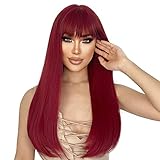 ENTRANCED STYLES Red Wigs for Women Long Straight Wig with Bangs Synthetic Burgundy Wig Colored Cosplay Wig for Girls Daily Party Use 22 Inch