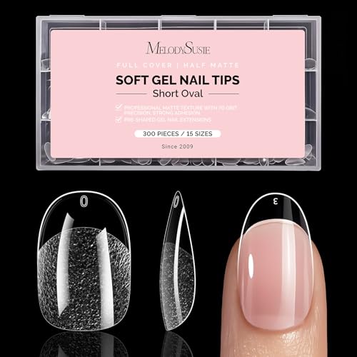 Image of MelodySusie Short Oval Round Almond X Nail Tips - 300Pcs 15 Sizes Clear Acrylic,Half Matte Full Cover Press on Nails for DIY Extension & Salon Use,Pre-Shaped for Long-Lasting Manicure