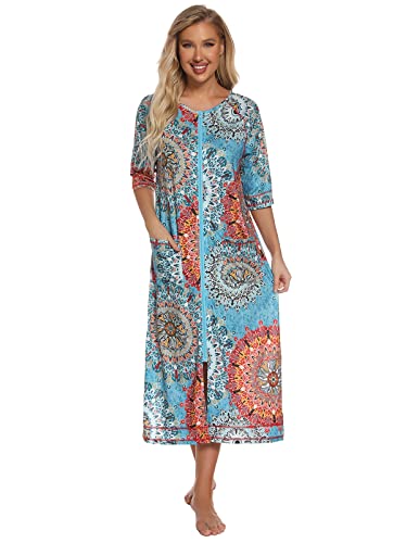Image of Veseacky Women Robe Zipper Front House Coat 3 /4 Sleeve Nightgown Full Length Ladies Lounge Dress with Pockets S-XXL