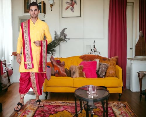 Image of Rameshwaram Fabrics Readymade Dhoti for Men, Velcro Style Stitched Mens Silk Dhoti Pant with Stole Set