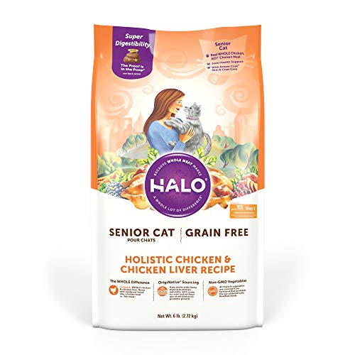 Halo Grain Free Natural Dry Cat Food - Senior Cat Recipe - Premium and Holistic Chicken & Chicken Liver - 6 Pound Bag - Sustainably Sourced Adult Cat Food -Real Whole Meat, Highly Digestible, Non-GMO