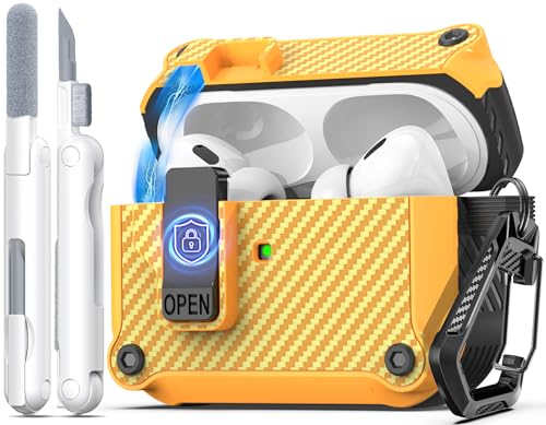 R-fun Airpods Pro (第 2/第 1 世代、2023/2022/2019) ケース、自動安全ロック付き、Airpods Pro 2 と互換性あり (USB-C/ライトニングケーブル)、カーボンファイバーキーチェーン付きハードシェル保護カバー
