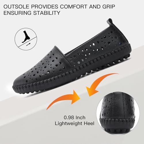 Image of Women's Summer Slip On Loafers, Breathable Perforated Hollow Cutout Flats, Comfortable Vegan Leather Walking Work Shoes for Women, Heart Floral Geometric Pattern Soft Sole Casual Summer Footwear