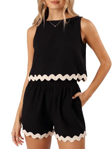 Tankaneo Womens 2 Piece Vacation Outfits Lounge Sets Casual Cropped Tank Tops Shorts Matching Set
