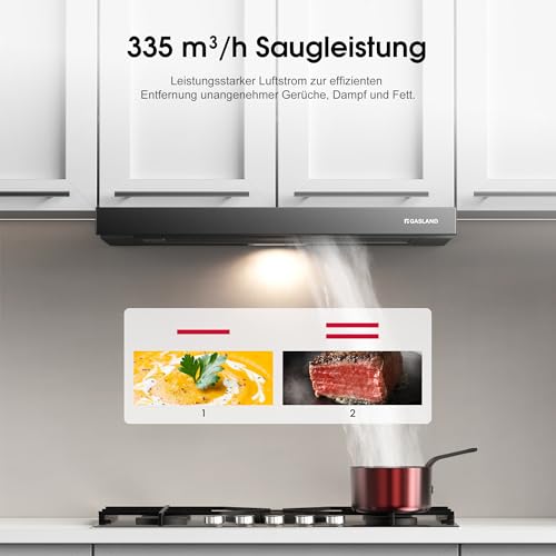 GASLAND BR60BP Dunstabzugshaube 60 cm umluft breit, einbau flachschirmhaube 335 m³/h mit CF132 Aktivkohlefilter, Integrierte Flach Abluft Abzugshaube Schwarz