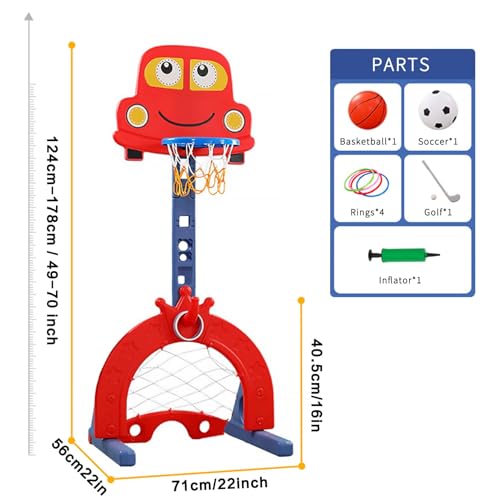 Kinder Basketballständer Höhenverstellbar von 124 bis 178 cm| Basketballanlage mit Einstellbare |Basketballkorb-Fußball|Fußballtor-Ballspiele, interaktives Lernspielzeug für Babys, Kleinkinder (rot)
