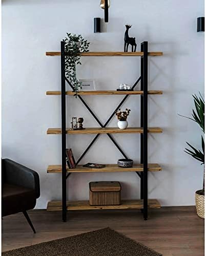 HomeHQ 5-Tier Pine Bookshelf, Bookcase With Solid Wood Shelves, Free Standing Industrial Bookcase for Living Room, Easy to Assemble Bookshelf, Rustic Pine Wood Bookcase, Metal Frame Shelving Unit