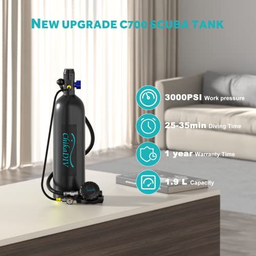 Chikadiv 1.9L Scuba Tank With 25-30Mins Diving Time, Dot Certified Mini Scuba Tank Made Of Aviation Aluminum Portable Diving Tank Set Suitable Within 10M, For Underwater Exploration A-Black #TOP4