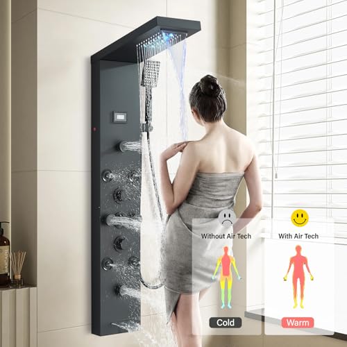 Image of FUZ Shower Panel Tower System, Stainless Steel 6 IN 1 Shower Panel System with LED Fancy Rain Shower Head and Handheld, Adujstable Rainfall Massage Body Jets and Tub Spout, Matte Black Shower Tower
