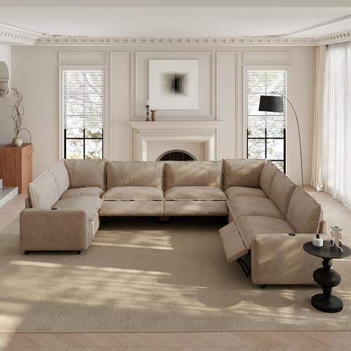 Image of 135.5 inch Power Reclining Sofa with Wireless Charging & Heated Seats,Smart Recliner Sectional Couch,Zero Gravity Recliner Sofa,Deep Seat Cloud Couch for Living Room Home Theater,Khaki,7 Seats