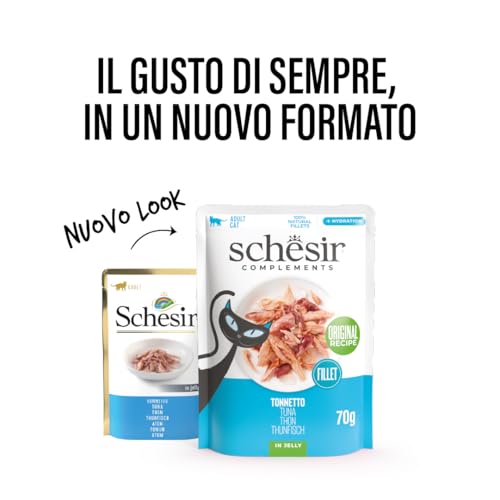 Schesir, Thunfischfilets in Gelee, ergänzendes Nassfutter für Katzen, Originalrezept, 100% natürlich, 12 Beutel à 70 g