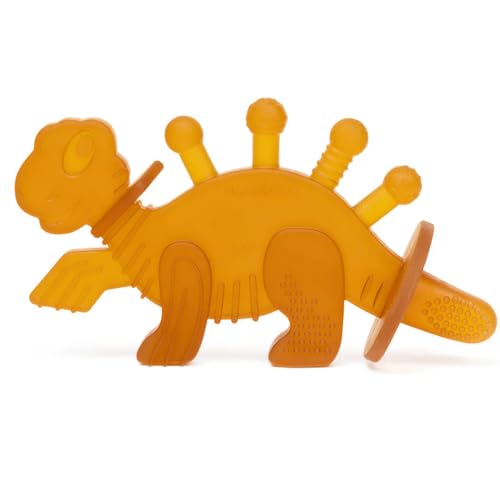 Bambeado Dibly Baby Teething Toy - Made with Natural Rubber & Amber Elements - Gentle Support, Easy to Hold, Simple to Clean - Cute Dinosaur Teether Toy - Alternative to Amber Teething Necklace