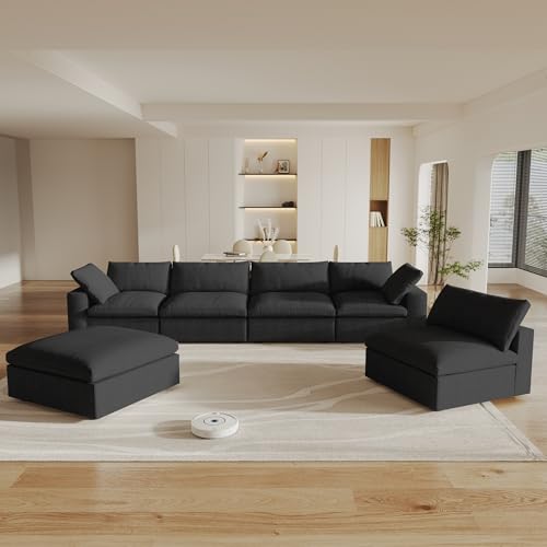 Image of Modular Sectional Sofa Couches for Living Room,160inch Linen Cloud Couch with Storage Ottoman, Oversized U Shaped 6 Seater Convertible Sleeper Sofa Chaise,Black