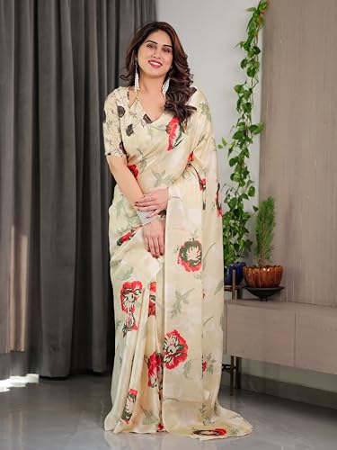 Image of ALMAARI FASHION Satin Georgette Floral Printed Saree with Blouse, 5.5 Meter Saree with 0.8 Meter Blouse, Traditional (SG 120 H)