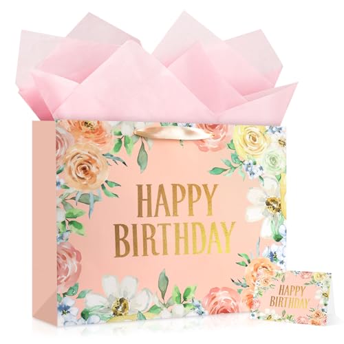 Image of JMANNI Large Happy Birthday Gift Bag with Tissue Papers and Greeting Card,Portable Paper Gift Bags with Handles,Pink Floral Present Bags for Women Birthday Party Mother's Day 13 inch x 10.2 inch x 4.7 inch