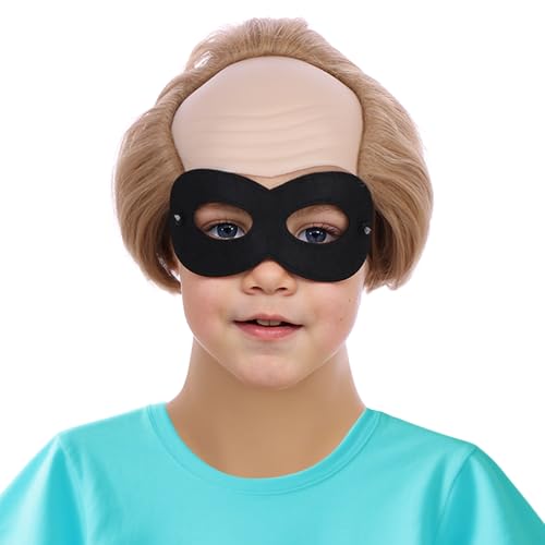 PATTNIUM Kids Short Blonde Bald Head Wig Child Cosplay Receding Wigs with Eye Mask Synthetic Costume Halloween Wigs