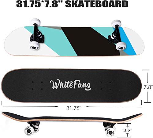 Image of WhiteFang Skateboards for Beginners, Complete Skateboard 31 x 7.88, 7 Layer Canadian Maple Double Kick Concave Standard and Tricks Skateboards for Kids and Beginners