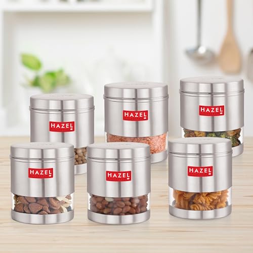 Image of HAZEL Transparent Kitchen Containers Set of 6 | 700ml Airtight Stainless Steel Transparent Storage Jars | Multipurpose Glossy Steel Organizer