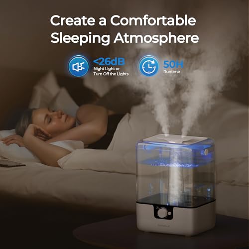 6L Top Fill Cool Mist Humidifier for Bedrooms and Nurseries - CHIVALZ, Quiet 26dB, 50 Hours, Includes Nightlight and Oil Diffuser, 1 Pack with 2 Mist Outlets, White