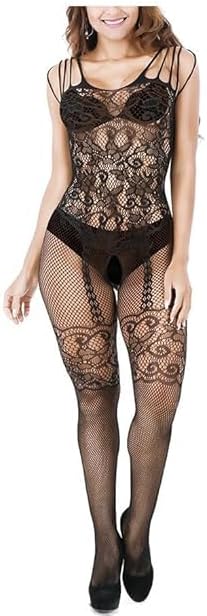 Women'sWomen's Lace Embroidered Bodysuit Lingerie Bodystocking, Black Free Size(Pack of 1)