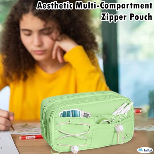 Image of FunBlast Pencil Pouch for Girls - Aesthetic Multi-Compartment Zipper Pouch with Drawstring Pocket, Cute Kawaii Pencil Case, Stylish Stationery Pouch, Return Gift for Kids & School Use (Green)