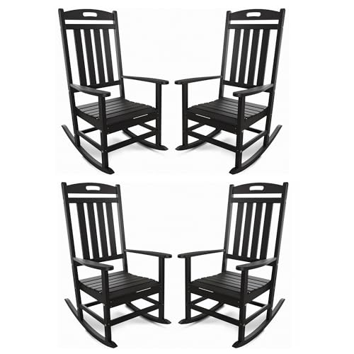Outdoor Rocking Chair Set of 4, All-Weather Resistant Poly Lumber Rocker Chair Outdoor, High Back Plastic Patio Rocking Chairs for Outside Porch Rocker Garden Lawn, Black