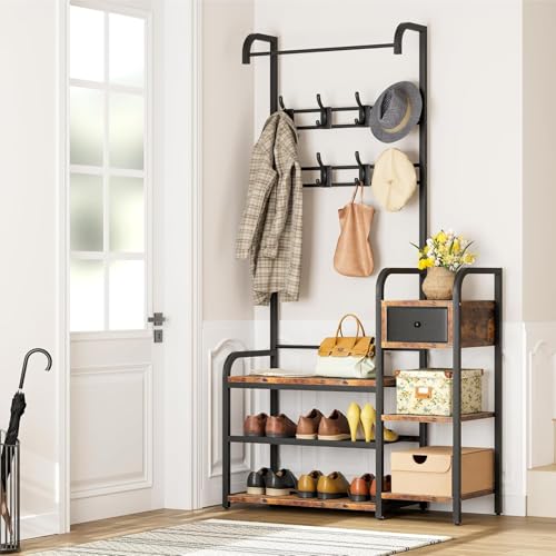 OUTLANE 5-in-1 Hall Tree with Shoe Bench, Storage Drawer &