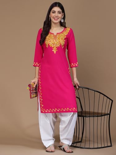Image of QAZMI Women's Rayon Cotton Straight Keyhole Neck Three-Quarter Sleeves Kashmiri Embroidery Kurti