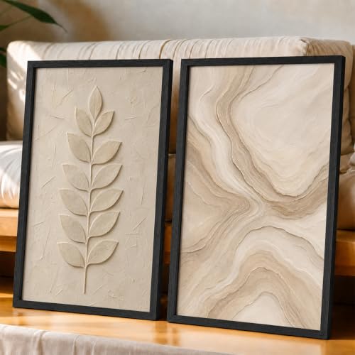 Image of NoWorries Minimal Leaf Wall Painting Set of 2 with Frame | Neutral Beige Botanical Leaf & Abstract Marble Texture Artwork, Modern Nature Wall Decor for Living Room, Bedroom, Office and Home Decoration (Art-14, 17x25inch)