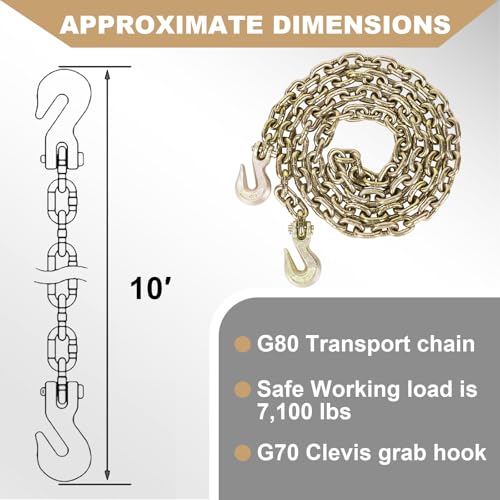Image of AAIN 3 /8 inch-1 /2 inch Ratchet Chain Binder with 3 /8 Inch x 10 Foot Tow Chain | Heavy Duty 9,200 LBS Safe Working Load | Tie Down Hauling Chains Binders for Flatbed Truck Trailer | 2 Set