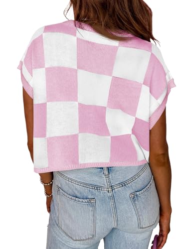 Image of Saodimallsu Womens Cap Sleeve Crop Tops Summer Color Block Going Out Crew Neck Knit Trendy Casual Sweater