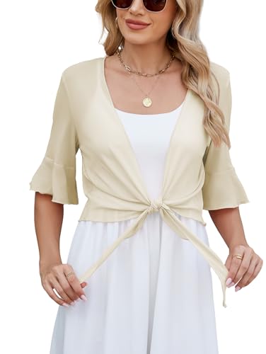 Famulily Womens Summer Tie Knot Bolero Shrug Plain Loose Thin Cropped Cardigans Casual Tie Up Wrap Tops Beige M